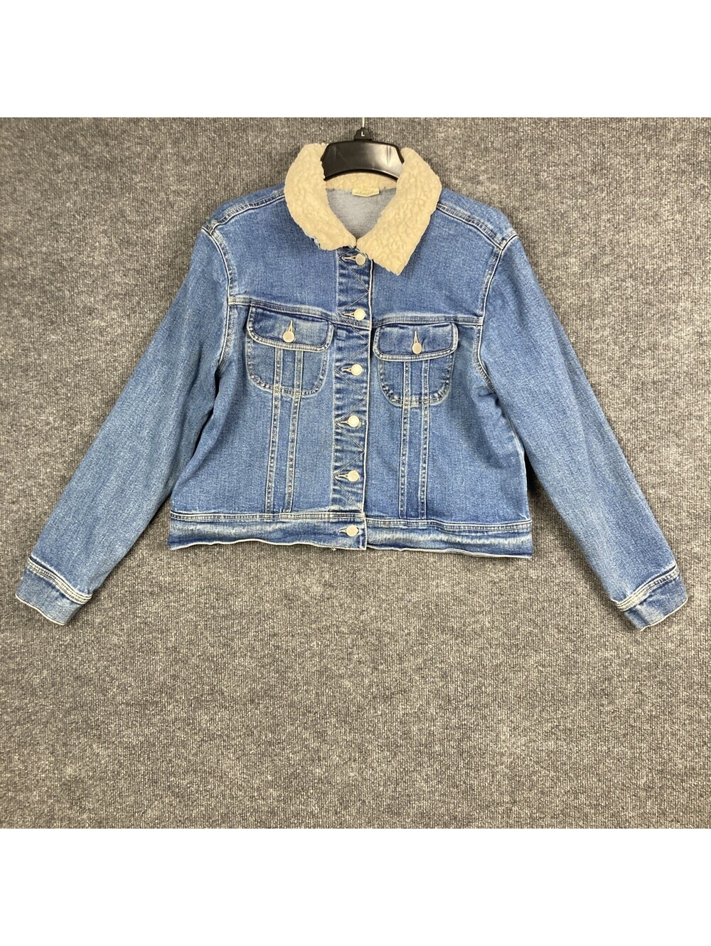 St John Bay Womens Size Medium Sherpa Collar Cropped Denim Blue Jean Jacket